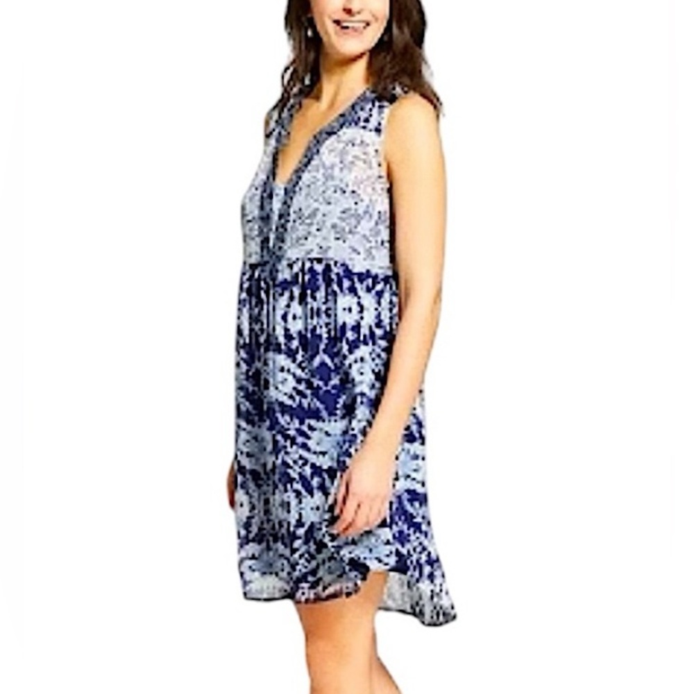 Knox Rose Blue & White V-neck Lined Sleeveless Pullover Babydoll Sundress Dress